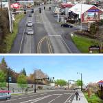 The Silverdale Way road improvement project will take Silverdale Way and Byron Street from this (top) to this (bottom). But business leaders want to minimize the impacts on Old Town businesses while the project is underway. (Kitsap County Public Works)