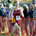 Kingston&rsquo;s Stefans Lusis crosses the finish line in second place in the boys 2A race at districts. He ran the course in 16:55.80.                                Mark Krulish/Kitsap News Group