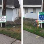 Poulsbo mayoral candidate Ricky Moon showed photos of five sites where his campaign signs have been hidden by Becky Erickson&rsquo;s campaign signs, or removed. Moon said he thinks politics is &lsquo;a dirty business.&rsquo; (Contributed photos)