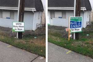 Poulsbo mayoral candidate Ricky Moon showed photos of five sites where his campaign signs have been hidden by Becky Erickson&rsquo;s campaign signs, or removed. Moon said he thinks politics is &lsquo;a dirty business.&rsquo; (Contributed photos)