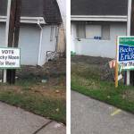 Poulsbo mayoral candidate Ricky Moon showed photos of five sites where his campaign signs have been hidden by Becky Erickson&rsquo;s campaign signs, or removed. Moon said he thinks politics is &lsquo;a dirty business.&rsquo; (Contributed photos)