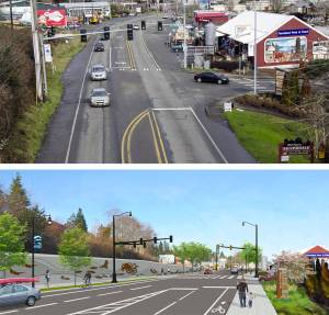 <em>The Silverdale Way road improvement project will take Silverdale Way and Byron Street from this (top) to this (bottom). But business leaders want to minimize the impacts on Old Town businesses while the project is underway.</em>                                Kitsap County Public Works