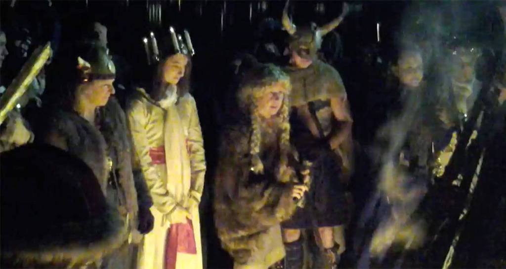 Vikings celebrate the lighting of the Julefest bonfire, Dec. 2 at Muriel Iverson Williams Waterfront Park. (Richard Walker/Kitsap News Group)