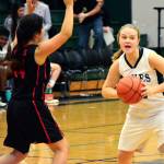 Klahowya senior Karli Eberhard calls out the play for her team during a 61-11 victory over Chief Kitsap Academy on Dec. 19. (Mark Krulish/Kitsap News Group)