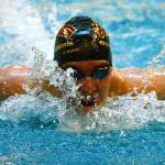 Ethan Fox, one of Kingstons two swimmers with Ironmen status, competes in the 200 individual medley during a dual meet with Olympic. The Bucs won 106.5-69.5. (Mark Krulish/Kitsap News Group)