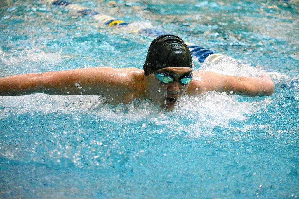 Kyle Marquez of Klahowya at the Olympic Swimvitational on Jan. 20. (Mark Krulish/Kitsap News Group)