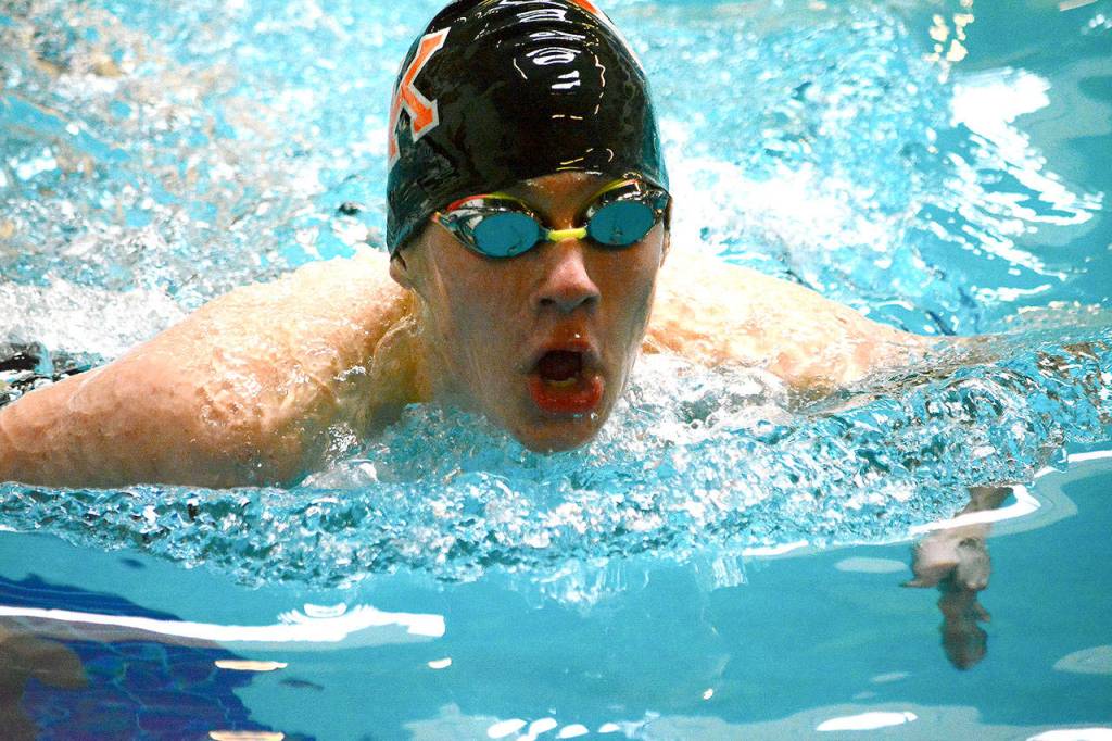 Central Kitsaps Cameron Stimac swam in several races, including the 200-yard medley relay and 200-yard freestyle relay. Here, Stimac completes the 100-yard breaststroke in 1:16.31. (Mark Krulish/Kitsap News Group)