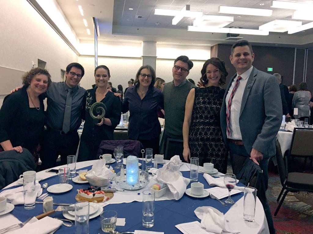 The Vibe Coworks team pose for a photograph shortly after being named Emerging Business of the Year at the 2018 Poulsbo Chamber of Commerce Gala. Photo courtesy of Bill McDonald.