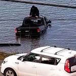 The driver of a dark, late-model truck ended up in Puget Sound Jan. 29 after he wasnt able to make the curve in the road on Southworth Drive, near Harper Hill Road, presumably on the way to the Southworth ferry. He wasnt injured. (Robert Eugene Clairmont photo)