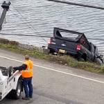 Truck gets unexpected carwash near ferry dock