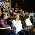 Seventh graders from Marcus Whitman watch as their fellow classmates take part in a mock City Council meeting. (Bob Smith | Kitsap Daily News)