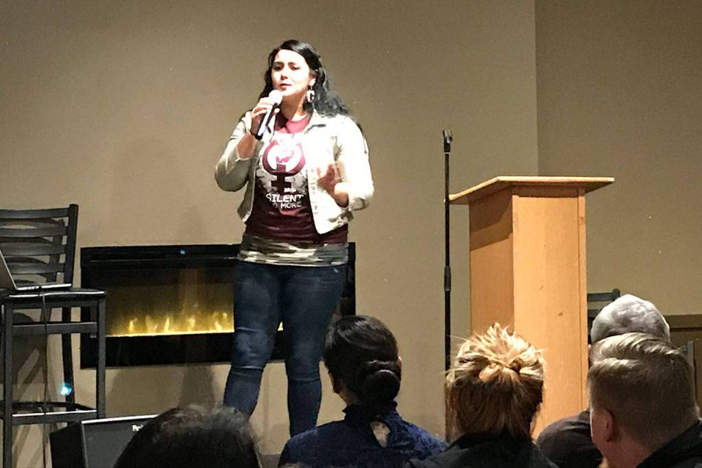 Suquamish singer/poet Calina Lawrence was the featured speaker at the MeToo Movement presentation Jan. 31 at the Cloverleaf in Bremerton. (Jacob Moore/Kitsap News Group)