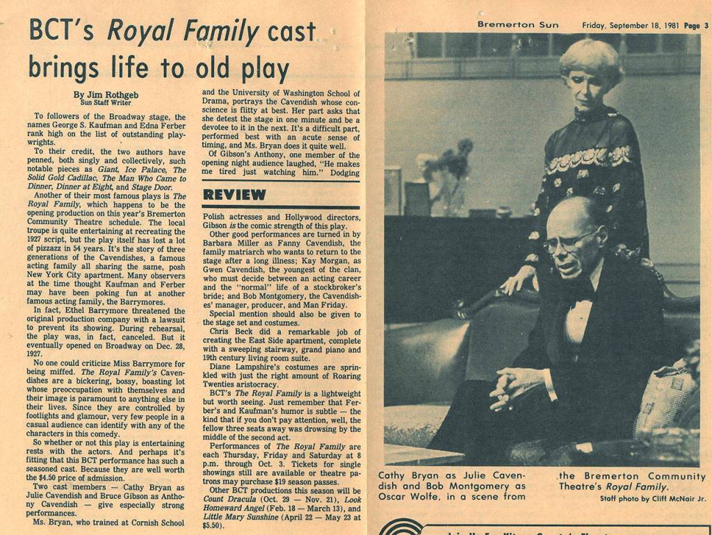 In the Sept. 18, 1981 edition of the Bremerton Sun, Jim Rothgeb wrote in his review of the Bremerton Community Theatre production of The Royal Family, Diane Lampshires costumes are sprinkled with just the right amount of Roaring Twenties aristocracy. (Paula Knight collection)