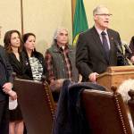 Gov. Jay Inslee speaks about Washingtons oil reserves at a press conference Feb. 5 and responded to federal government plans to open offshore drilling on U.S. coastlines. (Taylor McAvoy | WNPA Olympia News Bureau)