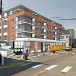 As envisioned by Waterman Investment Partners, its proposed five-story mixed-use development would front three streets: Bay (as shown in the illustration), Frederick and Prospect streets. (RiceFergusMiller illustration)