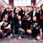 The South Kitsap wrestling team, coaches and administrators celebrate the teams 4A state championship at the Port Orchard Market downtown. (Mark Krulish | Kitsap Daily News)