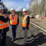 Bob Smith | Independent                                U.S. Rep. Derek Kilmer of the 6th Congressional District (center) visits with Port Orchard Mayor Rob Putaansuu (left) and Mark Dorsey, the citys public works director, (right) during a March 1 tour of the Tremont Street Widening Project. Kilmer was given an overview of the $22 million projects progress as it moves into its second phase of work. Kilmer also visited the site of the planned McCormick Village Park near McCormick Woods.