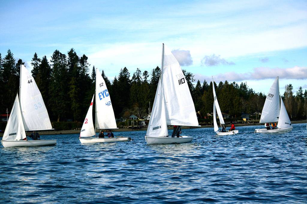 Boats, including Kingstons 41, organize for the first race at the regatta at Appletree Cove. (Mark Krulish/Kitsap News Group)