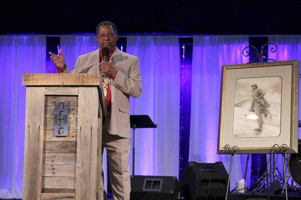 Robert Perkins talks about his father, Roscoe C. Perkins, Jr., at a ceremony in which the Perkins family are presented with the Congressional Gold Medal on Roscoe Perkins behalf.                                Michelle Beahm | Kitsap News Group