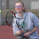 Klahowyas Maddy Rienks competes in her singles match against Port Angeles Summer Olsen on Tuesday at Port Angeles High School. (Keith Thorpe/Peninsula Daily News)