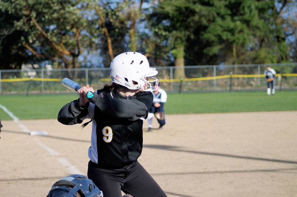 Senior Gabby Rogers at the plate in the fifth inning. She flew out to center field, but reached base twice in the game against BP. Jacob Moore | Kitsap Daily News