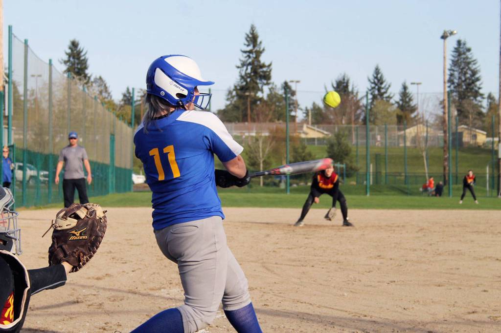 Infielder Divinity Dodge of the Knights swings and fouls out on a pitch in the sixth inning. She reached base three times in the contest. Jacob Moore | Kitsap Daily News