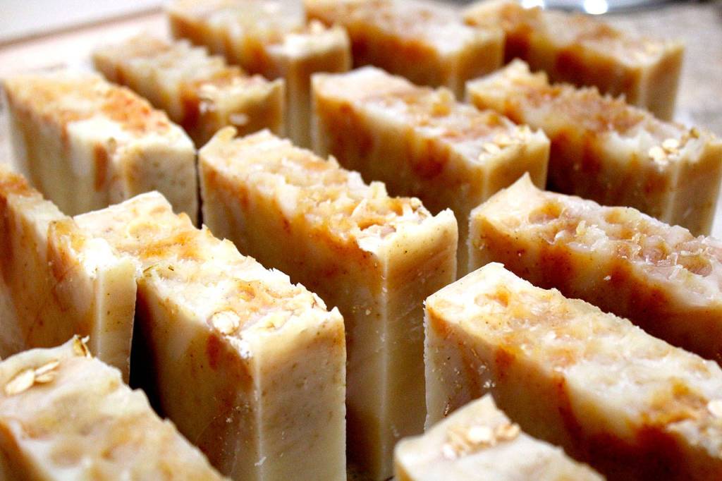 The colors of a soap bar often change over time as the soap continues to cure, even after being cut. (Michelle Beahm | Kitsap Daily News)