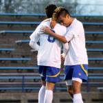 Bremerton senior James Moran, right, hugs his teammate, junior Luis Clemen, after he scored the second goal of the night. Jacob Moore | Kitsap Daily News