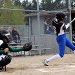 Olympic senior Ashlyn Morris grounds the ball toward third base in the first inning of the April 20 game against Port Angeles. Jacob Moore | Kitsap Daily News
