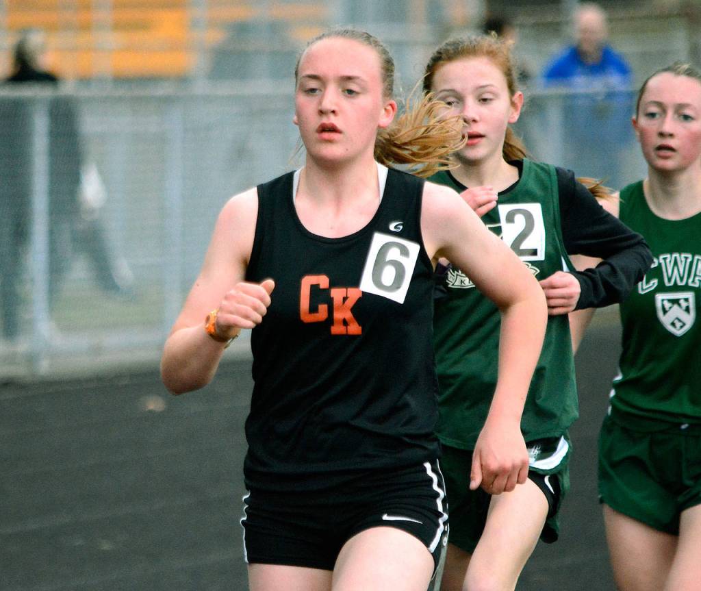 Molly Fischer, a Central Kitsap senior, topped all runners in the 3,200-meter race. (Mark Krulish/Kitsap News Group)