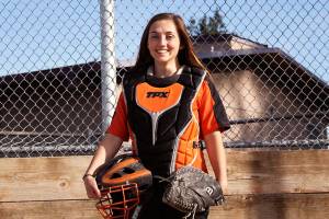 <em>Senior Calli Frisinger can catch or play third base when needed.</em> Jacob Moore / Kitsap Daily News