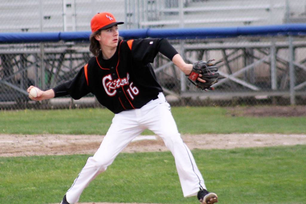 Chandler Lindstrom throws off the bump in the sixth inning of Central Kitsaps game against Yelm on April 30. Jacob Moore | Kitsap Daily News
