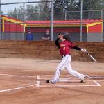 Kingston senior infielder Ethan Sax takes a hack in the first inning of a game against White River on May 5. Jacob Moore | Kitsap Daily News