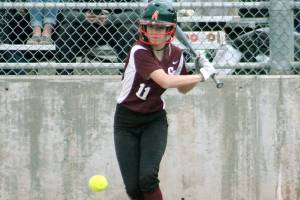 South Kitsap freshman Marisol Bergstrom looks to slap the ball to left during the district game against Federal Way. (Mark Krulish | Kitsap Daily News)                                 Mark Krulish | Kitsap Daily News                                South Kitsap freshman Marisol Bergstrom looks to slap the ball to left during the Wolves district game against Federal Way May 18.