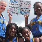 Bremertons 4x100 relay team of Lauryn Chandler (top left), Nyaijah Johnson (bottom left), Tyishea McWhorter (bottom right) and TeCaela Wilcher (top right) captured a state championship at the WIAA 2A state meet. (Mark Krulish/Kitsap News Group)