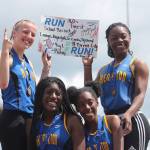 Bremertons 4x100 relay team of Lauryn Chandler (top left), Nyaijah Johnson (bottom left), Tyishea McWhorter (bottom right) and TeCaela Wilcher (top right) captured a state championship at the WIAA 2A state meet. (Mark Krulish/Kitsap News Group)