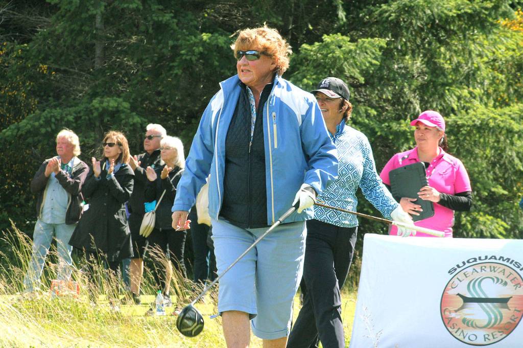JoAnne Carner, a native of Kirkland, Wash., and a World Golf Hall-of-Famer, follows her shot after teeing off on day two. (Mark Krulish/Kitsap News Group)