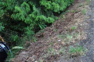 The car, on the lower left-hand side of the picture, was found 30 feet off the shoulder. (Photo courtesy Kitsap County Sheriffs Office)