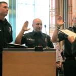 From left to right: Kurt Van Ness, Rickey Muttart and Evan Markovich, Bremertons three newest firefighters, were sworn in on Wednesday July 18. Markovich and Muttart have been with the department since April and Van Ness was hired in June. (Mark Krulish/Kitsap News Group)