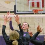 Middle blocker Taylyn Boop guards the net during North Kitsaps five-set win over Steilacoom. (Mark Krulish/Kitsap Daily News)