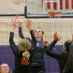 Middle blocker Taylyn Boop guards the net during North Kitsaps five-set win over Steilacoom. (Mark Krulish/Kitsap Daily News)