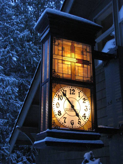 Peases O.B. McClintock clock from 1918, mounted to his house, photographed in the snow. Photo Courtesy George Pease.