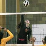 <em>Kingstons Grayce Hentzel scores a late kill for the Bucs in her teams victory over Bremerton. </em>Mark Krulish/Kitsap News Group