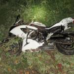 A motorcycle allegedly stolen by a 30-year-old Port Orchard man was crashed into a ditch on State Route 106 on Sept. 25. The rider has yet to be identified. (Washington State Patrol photo)
