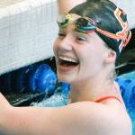 Central Kitsaps Haley Morkert celebrates her victory in the 50-yard freestyle event. (Mark Krulish/Kitsap News Group)