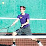 North Kitsaps Max Larsen and his doubles partner, Ryland Schmidt, defeated Sequims Nate Despain and Ryan Tolberd, 4-6, 6-1, 6-1, in the first round of the doubles tournament. (Mark Krulish/Kitsap News Group)