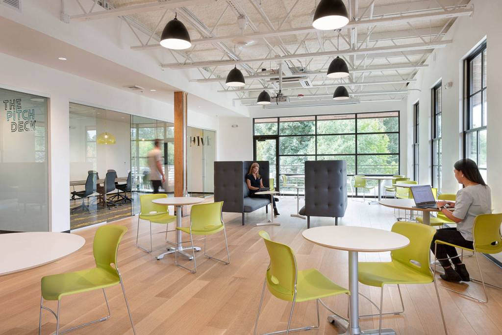 The lounge area at Vibe Coworks new location boasts ample room in the lounge area. Austin Flink, RFM Viz Lab. Courtesy Vibe Coworks