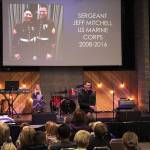 Jeff Mitchell shares a story of his military experience with students during a Veterans Day chapel at Gateways Pearson Fellowship Hall.