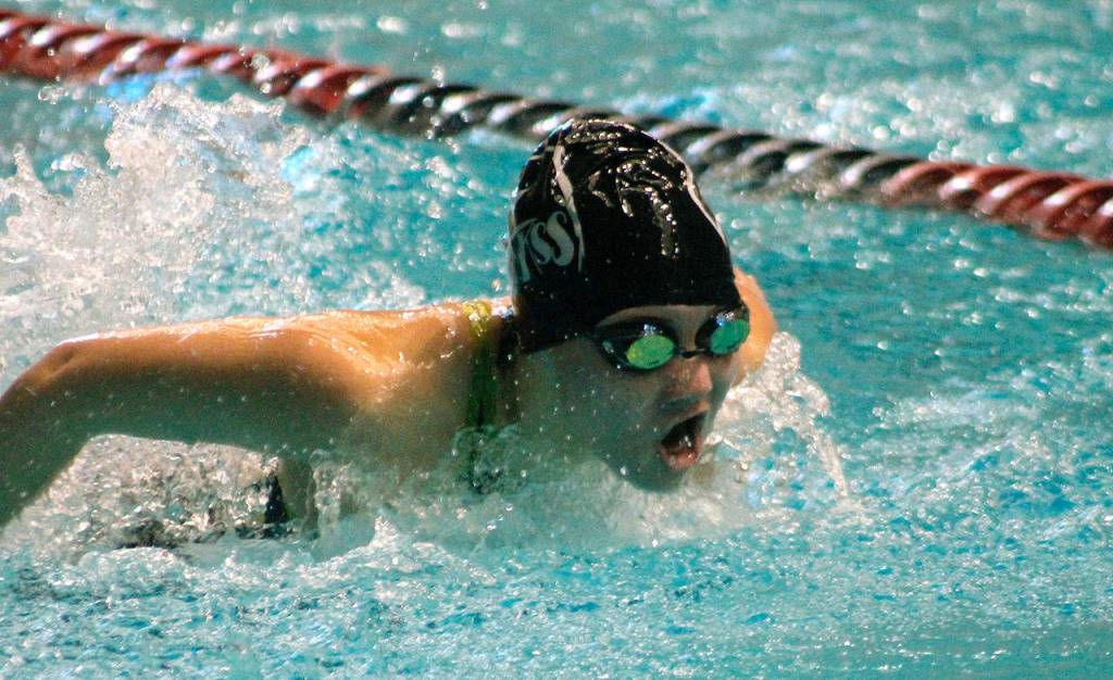 Klahowyas Elizabeth Helmer took 15th in the 100-yard butterfly. (Mark Krulish/Kitsap News Group)