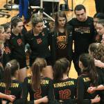 Kingston takes a timeout during its first match against Columbia River at the 2A state tournament. (Mark Krulish/Kitsap News Group)